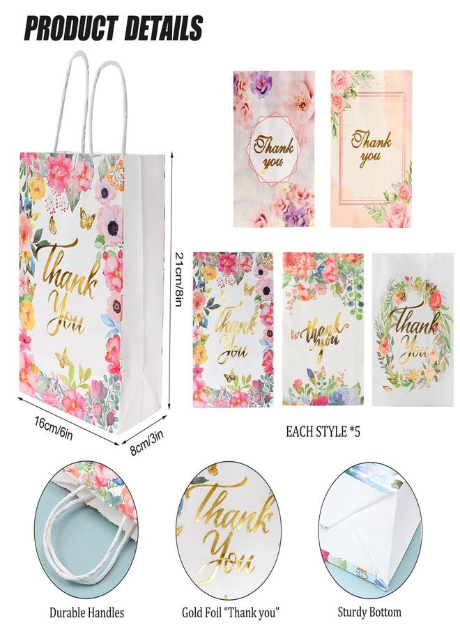 Outink 50 Pcs Thank You Gift Bags Bulk Floral Design Thank You Paper Bags Colorful Thank You Bags for Wedding Business Baby Shower Boutique Birthday Party, 8"x6"x3" - Image 2